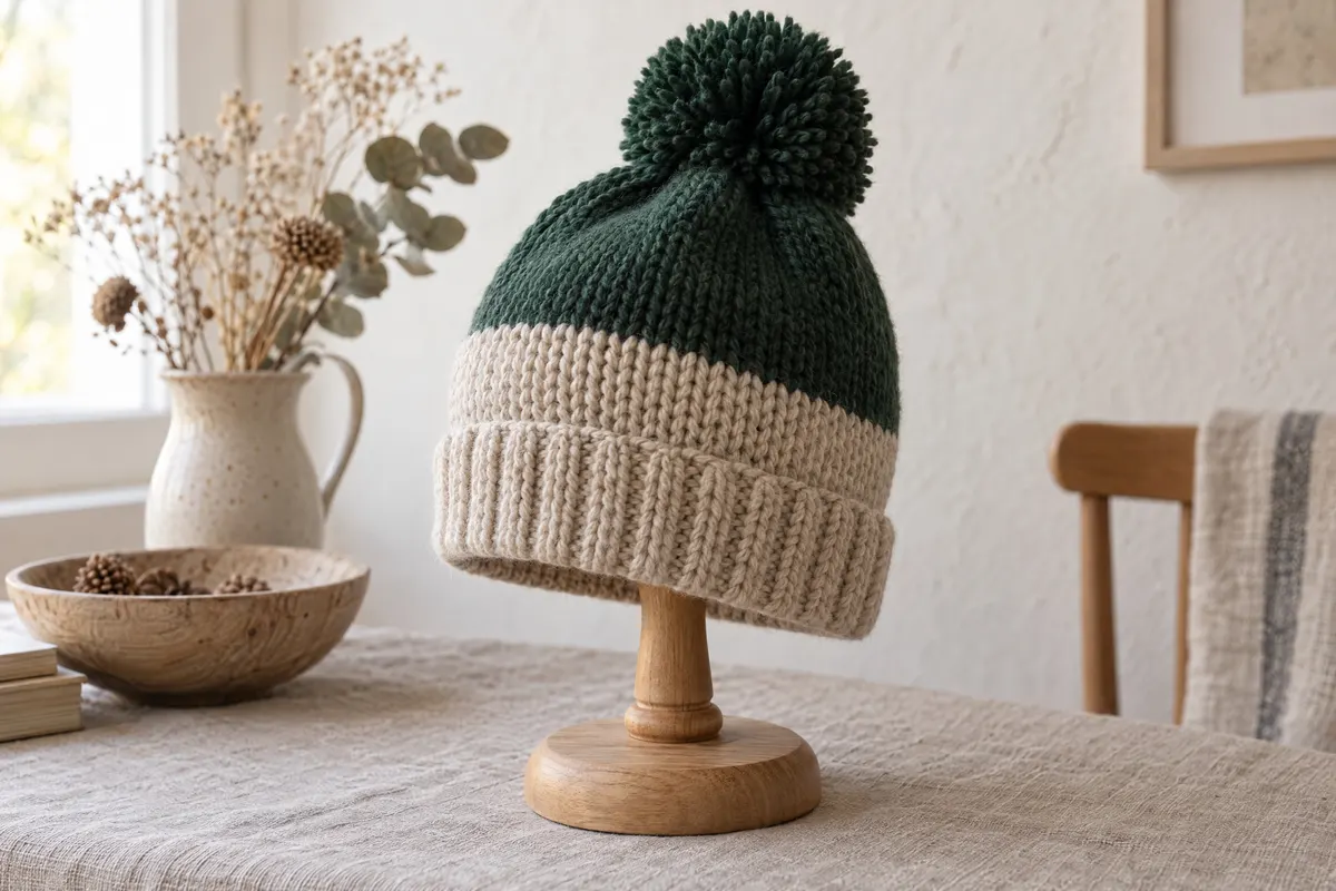 Flat-Knit Colourblock Pom Hat, knitted