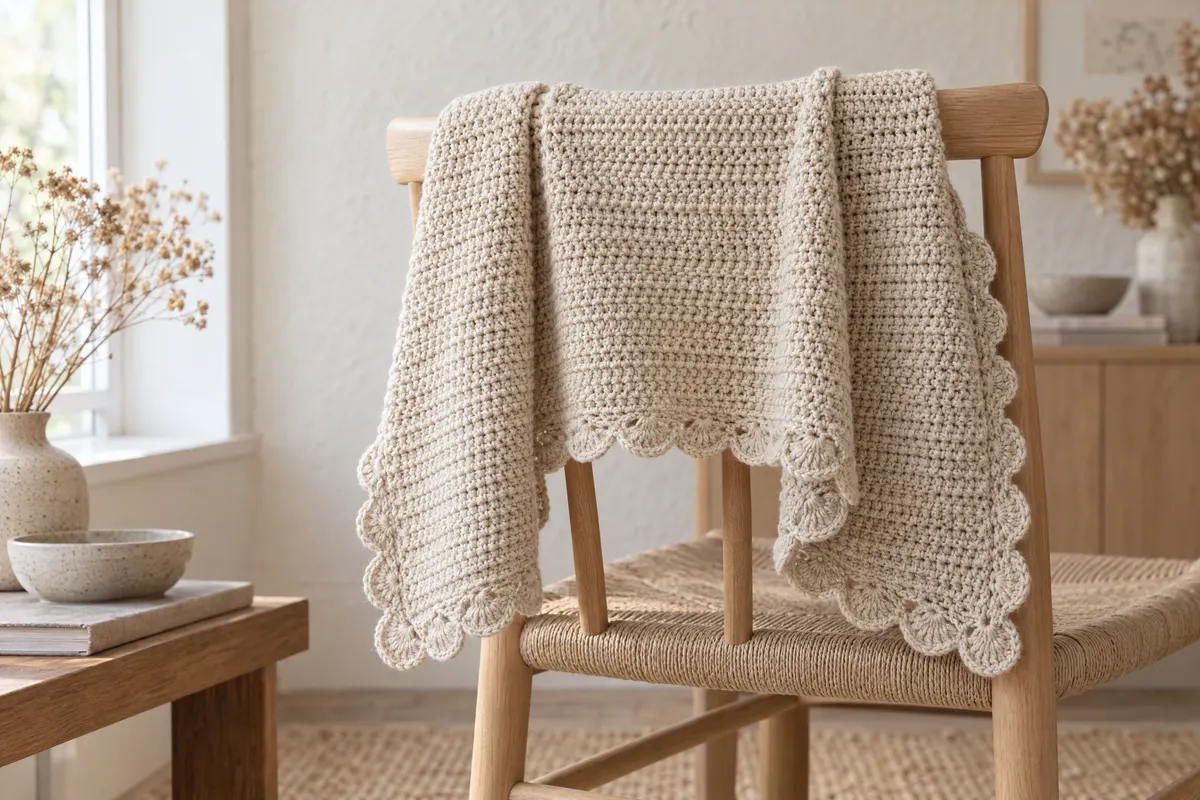 Griddle Stitch Wrap with Shell Ends, crocheted