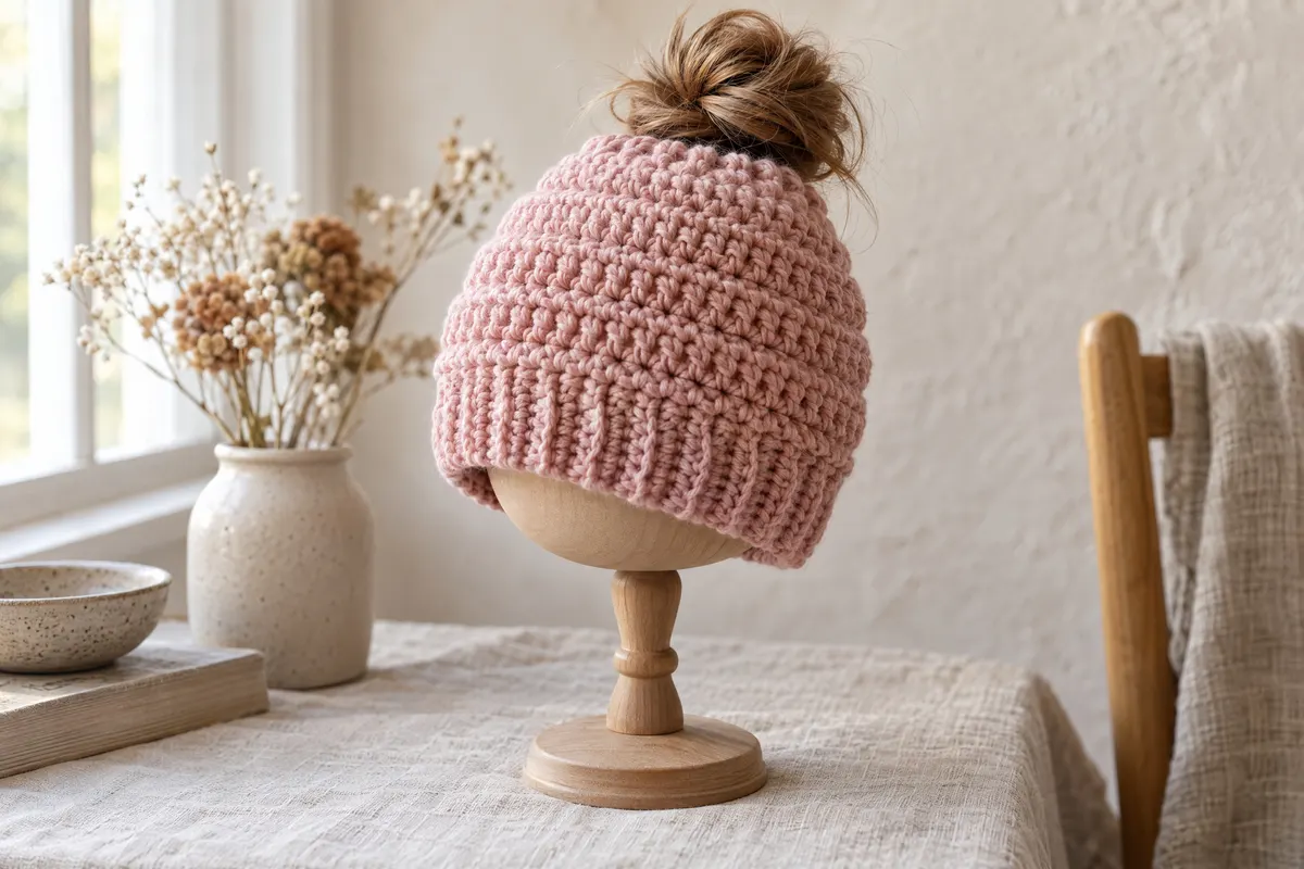 Messy Bun Beanie, crocheted