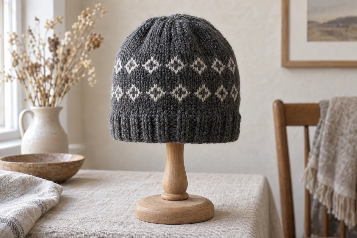 Peerie Diamond Colourwork Hat, knitted