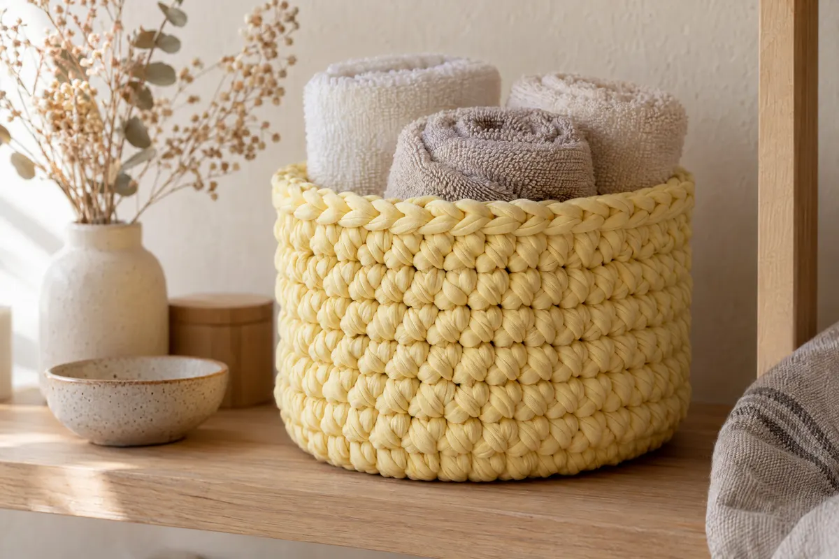 T-Shirt Yarn Round Basket, crocheted