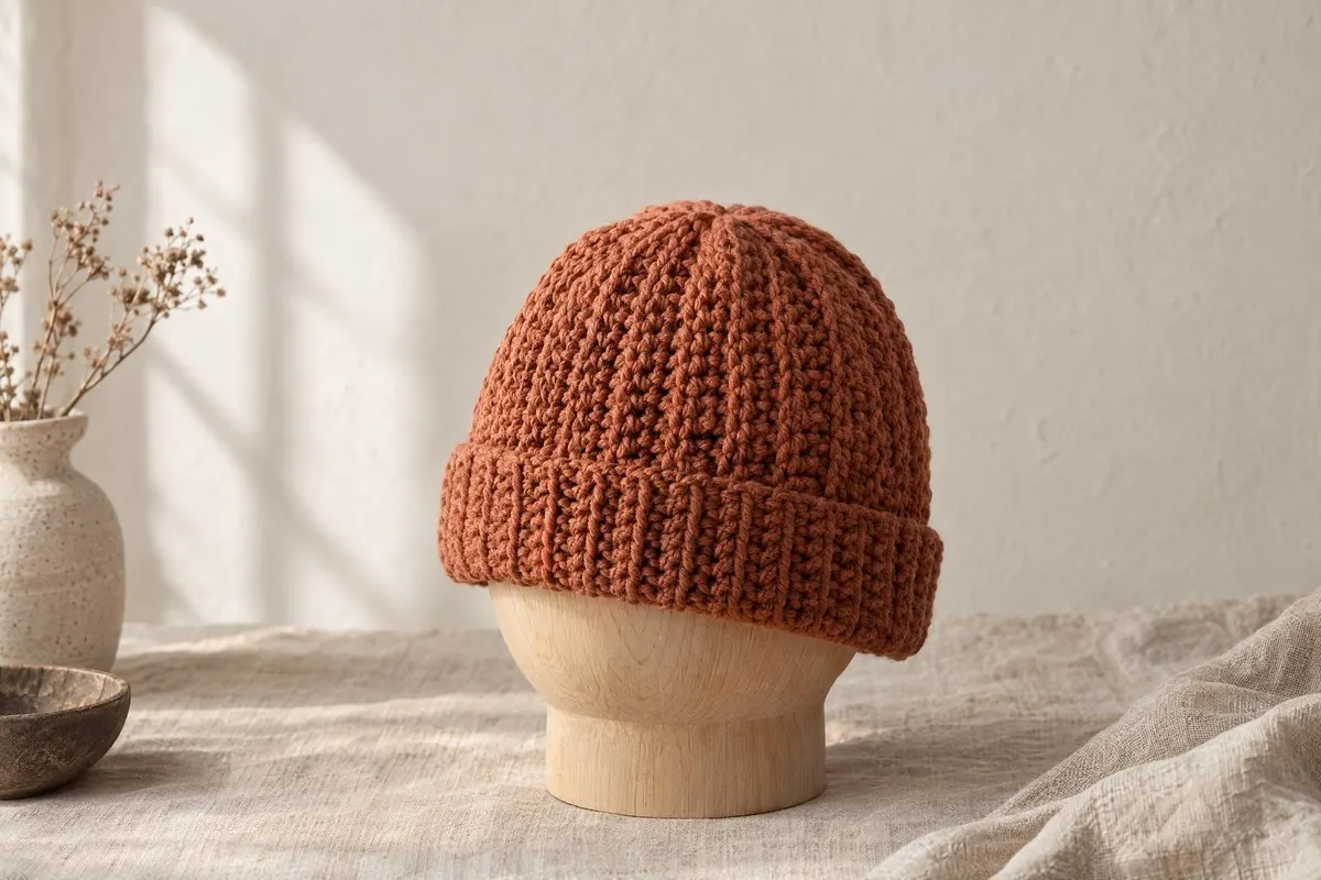 Sideways Rib Fold-Brim Beanie, crocheted