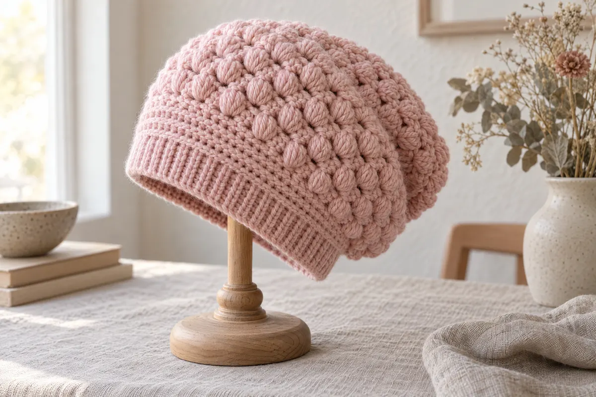 Slouchy Puff Stitch Hat, crocheted