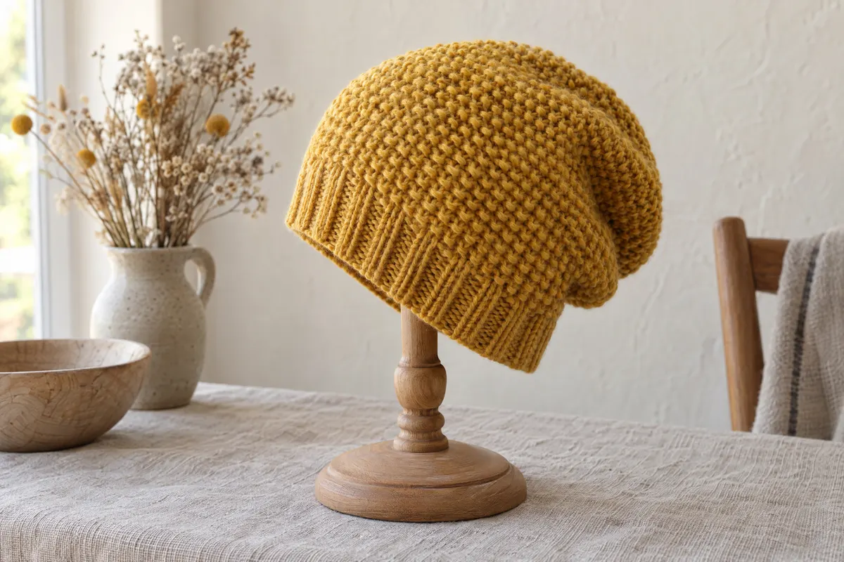 Slouchy Seed Stitch Hat, knitted