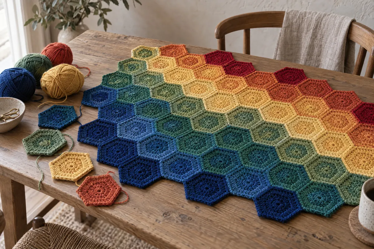 Temperature Hexagons, a Week Each, crocheted
